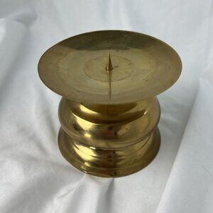 Vintage Pillar Brass Candle Holder Spiked Stand Round Center 4.5 Inch India 1970